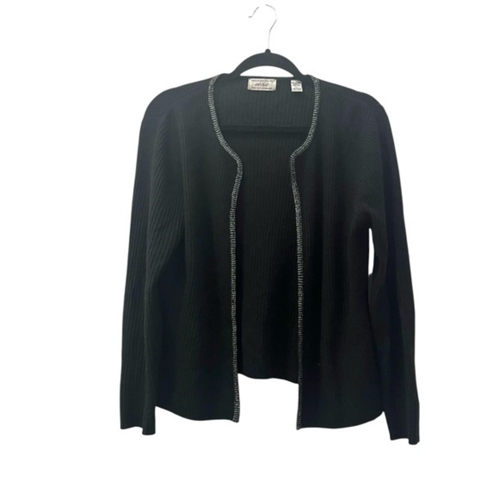 Lord & Taylor 2-ply cashmere black ribbed open cardigan sweater w/ sequin trim L